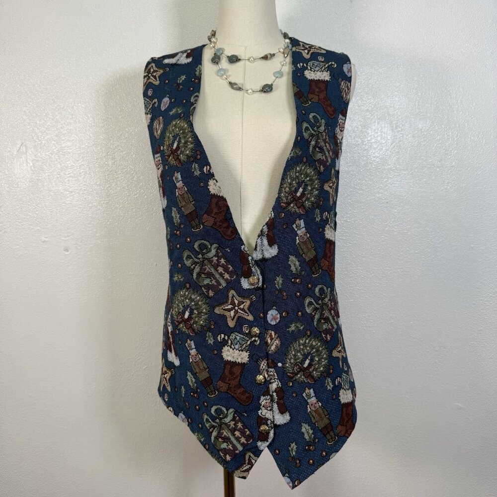 Vintage Women's Tapestry Christmas Holiday Theme Vest Size 18w Nostalgia USA